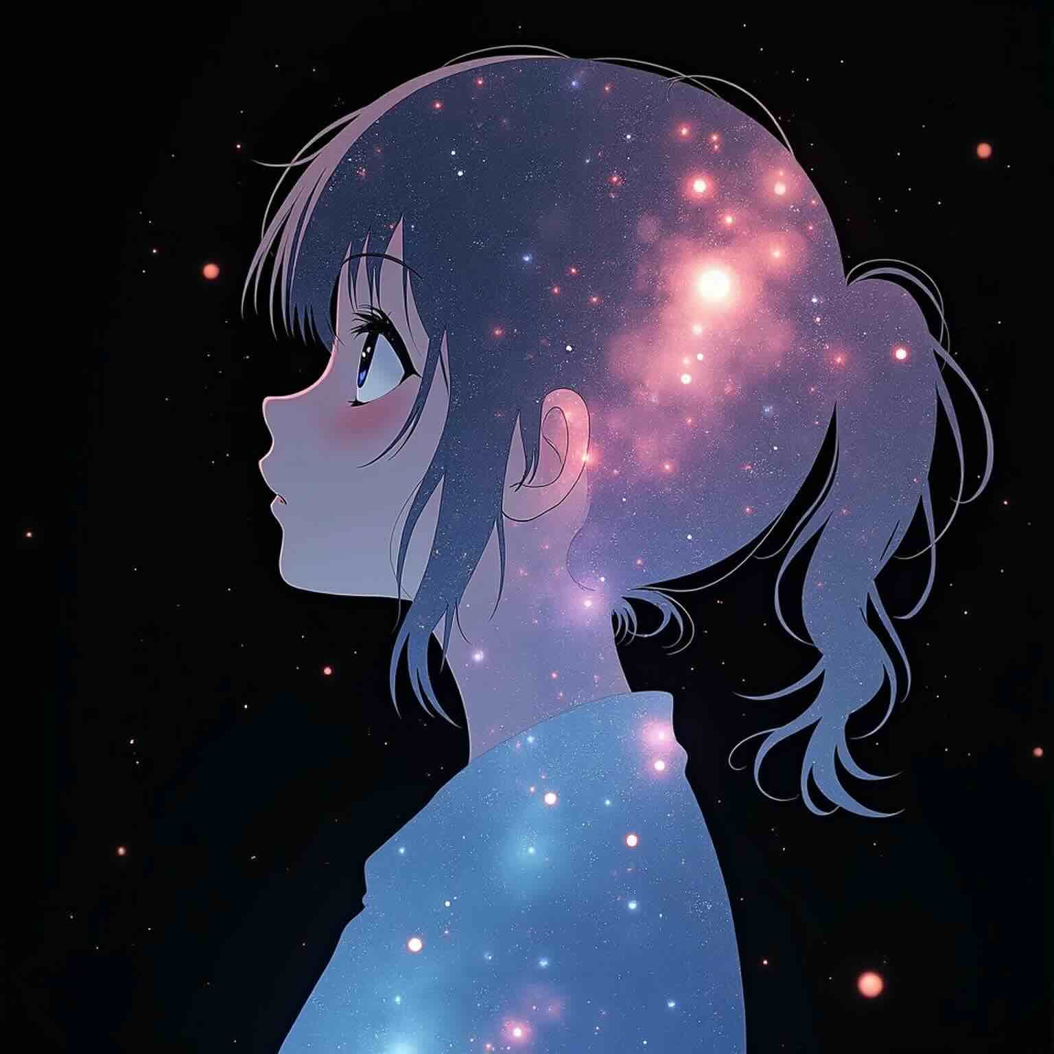 beautiful anime artwork, a cute anime girl’s silhouette, double exposure, iridescent nebula galaxy, black background, ethereal glow, bloom, hdr