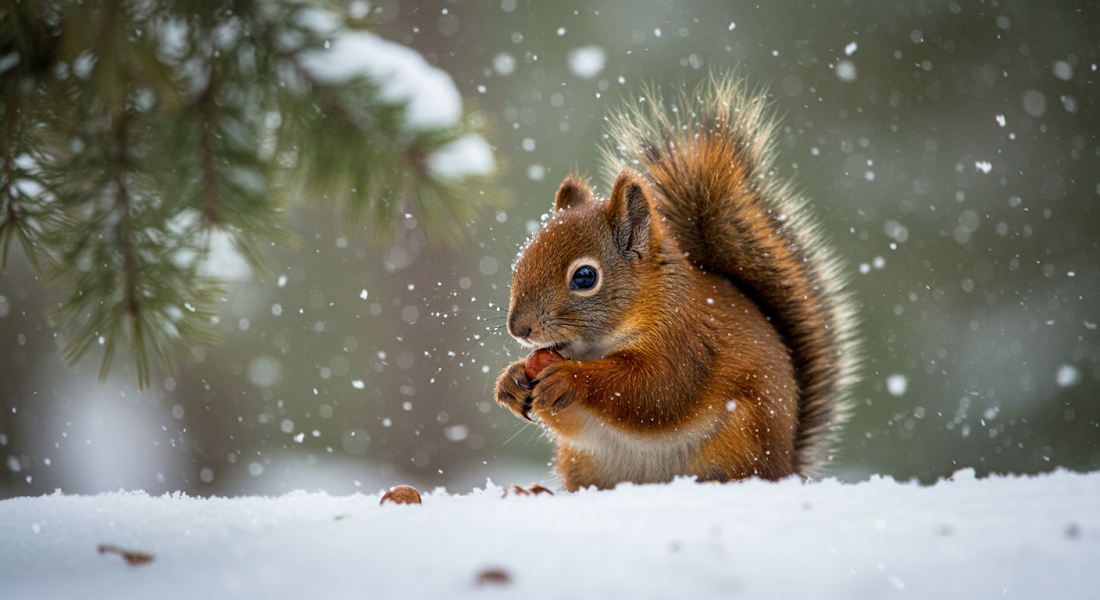 A close-up shot captures a winter wonderland scene – soft snowflakes fall on a snow-covered forest floor. Behind a frosted pine branch, a red squirrel sits, its bright orange fur a splash of color against the white. It holds a small hazelnut. As it enjoys its meal, it seems oblivious to the falling snow.